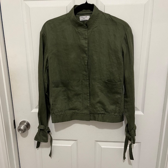 FRAME Army Olive Great Denim Tie Cuff Linen Utilitarian Pocket Jacket XS - Picture 3 of 11